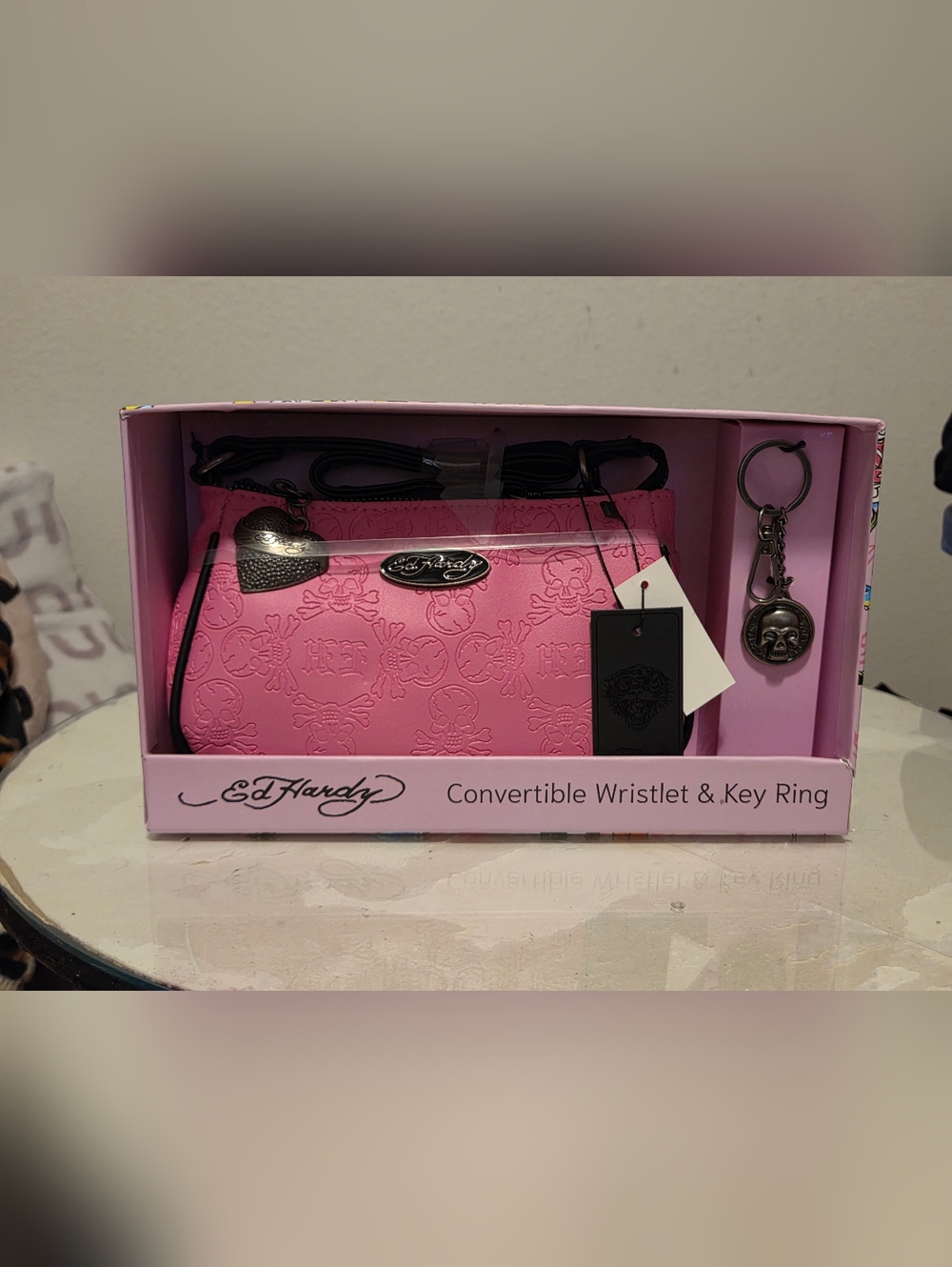 Ed Hardy Pink Convertible Wristlet & Key Ring Set